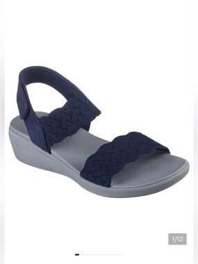 Skechers Arya On The Rise Wedge Sandals Navy Blue Scalloped Knit Foam Footbed, 5